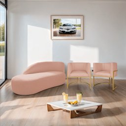 Kit Divã Luna 160cm Lado Esquerdo e 02 Poltronas Base de Ferro Dourado Suede Doce Sonho Móveis Rosê - 2