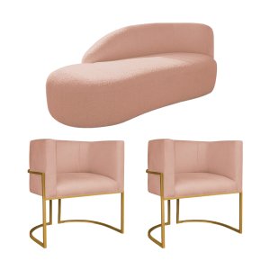 Kit Divã Luna 160cm Lado Esquerdo e 02 Poltronas Base de Ferro Dourado Suede Doce Sonho Móveis Rosê