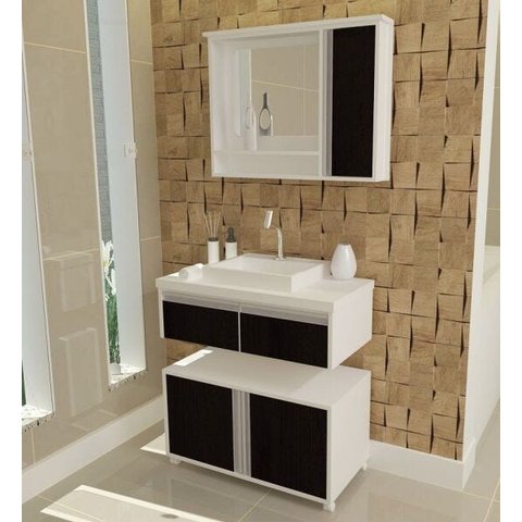 Gabinete Para Banheiro 3 Peças Oxford - Balcão Com Rodas + Bancada Cuba + Espelheira Com Led