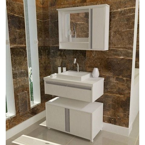 Gabinete Para Banheiro 3 Peças Oxford - Balcão Com Rodas + Bancada Cuba + Espelheira Com Led