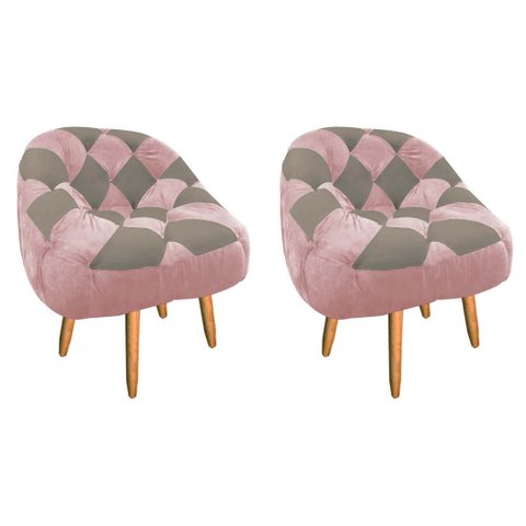 Kit 02 Poltrona Paloma Escritório Sala Pé Palito Suede Rosa Bebê e Suede Cappuccino - Dominic Decor