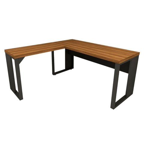 Mesa Escrivaninha Industrial em L Pés Metal Nogal Pr F5 Cor:Nogal com Preto