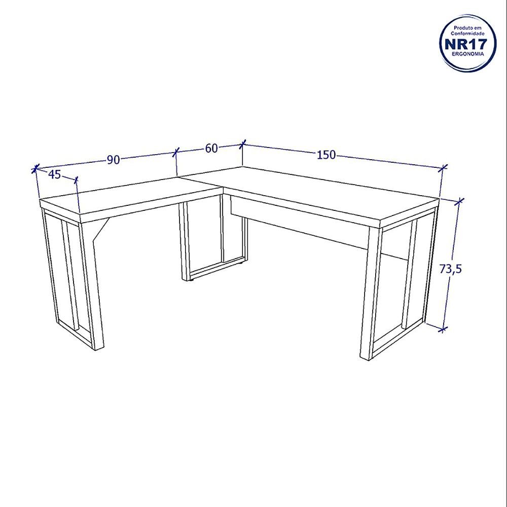 Mesa Escrivaninha Industrial em L Pés Metal Nogal Pr F5 Cor:nogal com Preto - 2