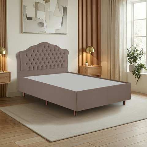 Kit Cama Box Casal + Cabeceira Estofada em Madeira Maciça Curva Provençal com Capitonê Marrom