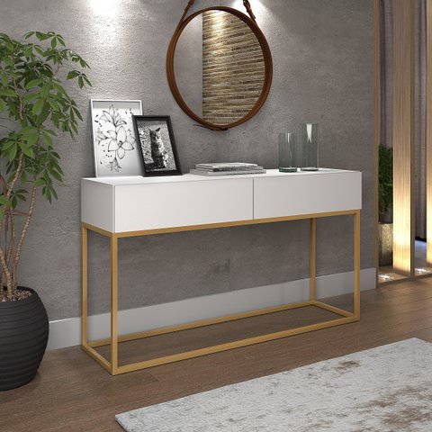 Aparador Buffet Industrial Pé de Ferro Dourado Eros 1,10mt com 2 Gavetas Espaçosas Branco Fosco