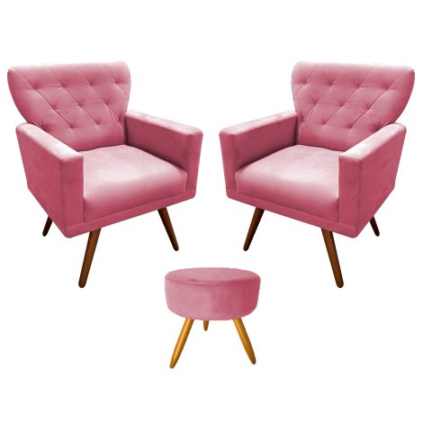 Kit 2 Poltronas Decorativa Aurora + 1 Puff Redondo Suede Rosa Pés Madeira Mz Decor