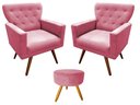 Ver imagem 1 de Kit 2 Poltronas Decorativa Aurora + 1 Puff Redondo Suede Rosa Pés Madeira Mz Decor