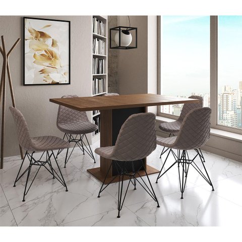 Mesa Jantar Londres Retangular Amêndoa 137x90 Base Preta 6 Cadeiras Estofadas Nude Médio Ferro