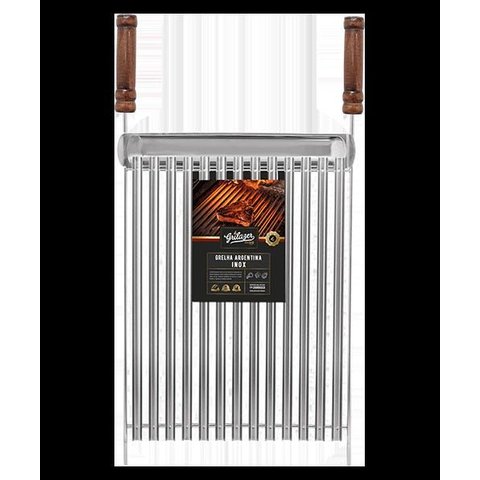 Grelha Inox Parrilla Argentina Grilazer 40x 40cm com Calha e Cabo Madeira Verniz