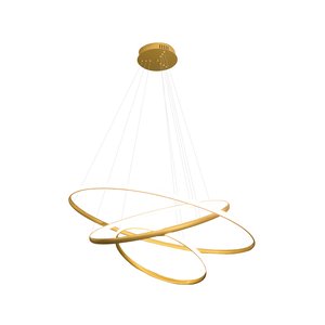 Lustre Led Pendente 3 Anéis Dourado 60cm 60w Luz 3000k