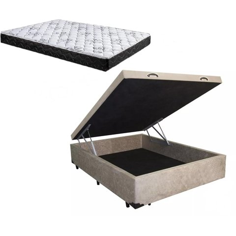 Cama Box Baú Casal Conforto Suede Bege + Colchão Casal Conforto Espuma D23 17x138x188