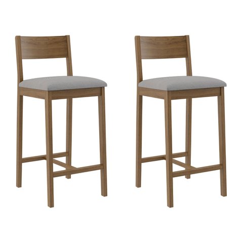 Banqueta Madeira Nogueira Maciça tecido Cinza Modelo Manu Altura 70cm Kit 2 unidades Poltronas do Su