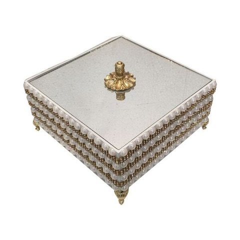 Caixas porta Joias luxo tira strass dourado e perolas Tampa vidro