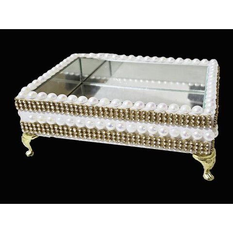 Bandejas decorativa stras e perolas com revestimento interno vidro