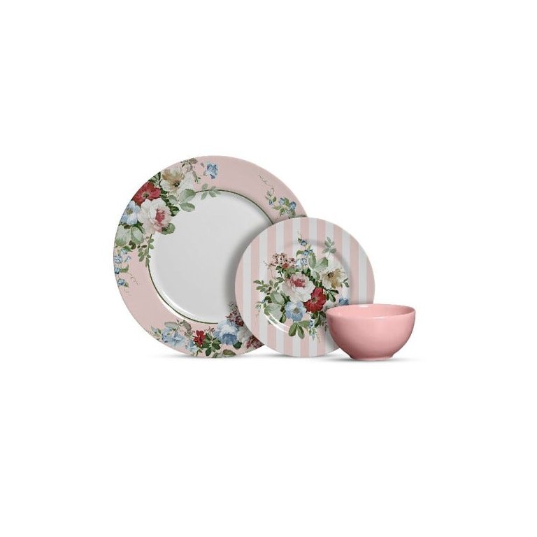 Aparelho de Jantar com 12 Peças Paris com Bowl Rosa Suave Plus