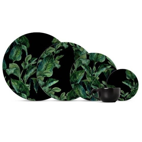 Jogo de Jantar Preto Leaves Decorado com 20 Peças Primeira Linha