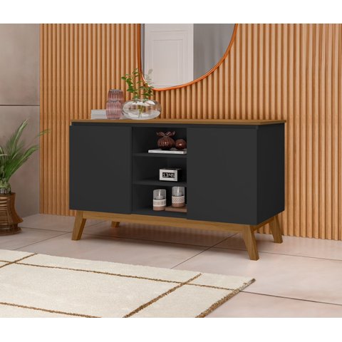 Aparador Buffet Sala Linhares 120cm com Pés de Madeira Preto com Nature - Rede Móveis