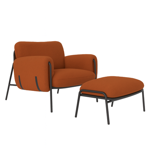 Kit Poltrona Cadeira Decorativa + Puf Serrana Zahav Estofado:Bouclé Terra Cota Detalhe Courino