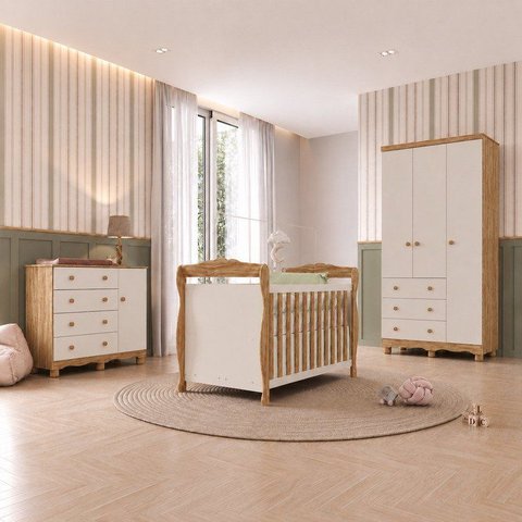 Quarto de Bebê Completo Berço 3 em 1 Guarda-Roupa Cômoda MDF Nina Espresso Móveis Off White/Amêndoa