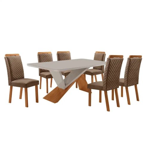 Mesa de Jantar Yasmin 180cm Tampo MDF Vidro Canto Copo com 6 Cadeiras Lorena