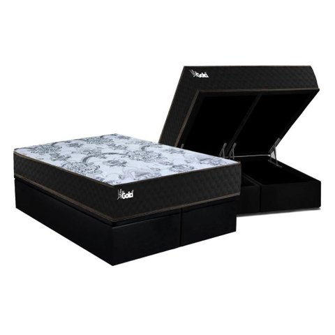 Cama Box Baú Queen: Colchão Molas Masterpocket Ensacadas Paropas Life Gold + Base Crc Suede Black