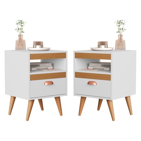 Kit 02 Mesas de Cabeceira Sal- Off White C/ Cedro