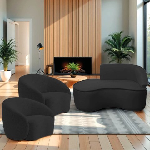 Kit Divã Recamier Orgânico Marrocos 150cm Lado Esquerdo e 2 Poltronas Amore Bouclé Preto
