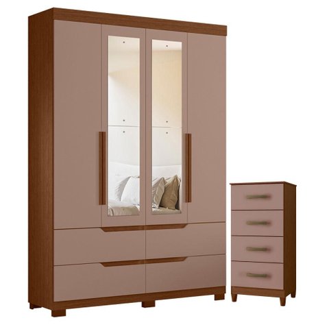 Guarda Roupa Solteiro Doble 04 Portas com Espelho e Cômoda Mobi Nogueira Capuccino - Móveis Albatroz