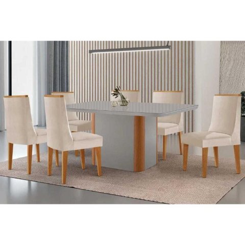 Sala Jantar Mesa Pietá Tampo c/ Vidro Curvo 180cm+6 Cadeiras Dakota Naturale/Off White - Suede