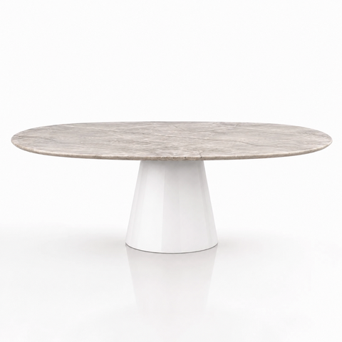 Mesa de Jantar Cone Oval 244x137 cm Tampo Quartzito Taj Mahal e Base Laca Branca