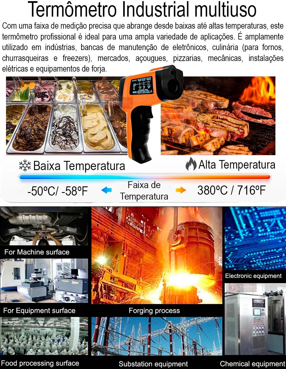 Termômetro Digital Industrial Multiuso e Culinário Infravermelho Laser para Comida Fritura Assados - - 7