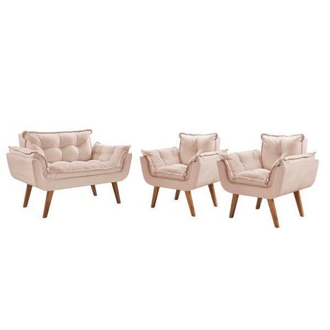 Conjunto Poltronas Opalla 1 Namoradeira e 2 Poltronas de 1 Lugar Pés em Madeira Bege