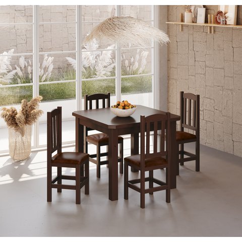 Conjunto Mesa Castanho De Madeira 88x88 Com 4 Cadeiras Estofadas Para Cozinha Sala De Jantar  Sfa
