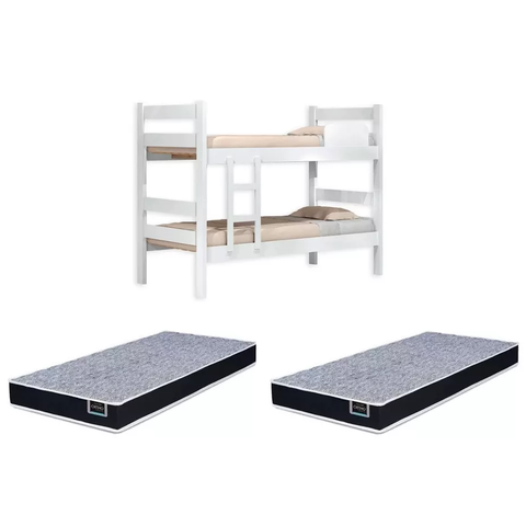Kit Beliche de Solteiro Branca com Escada Madeira Reforçada 100% Mdf + 2 Colchão de Espuma D28 Solte