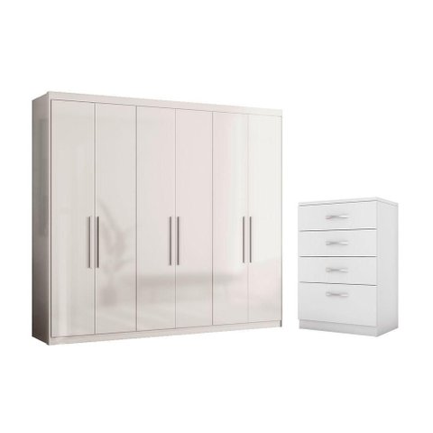 Conjunto de Guarda Roupa e Cômoda Ayla 6 Portas MDP 241cm Branco Demóbile