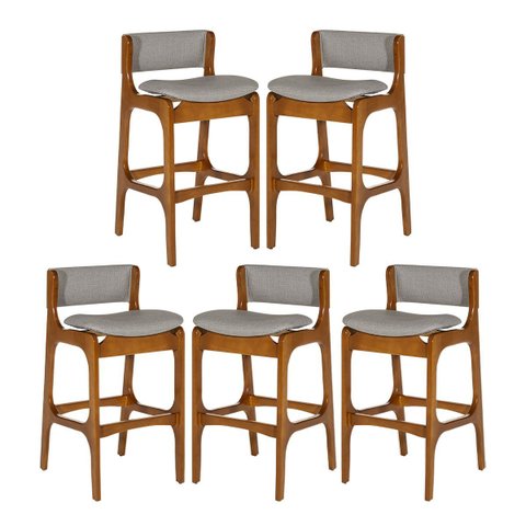 Kit 5 Banquetas Alta Ella em Madeira Estofada Facto Cinza Claro L96 Rmi