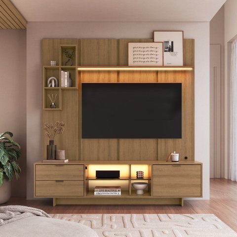 Rack com Painel para TV 55 Polegadas 180cm com LED Aurora Mel