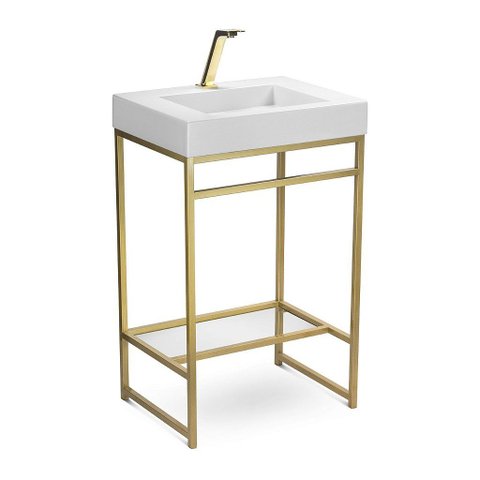Gabinete para Banheiro 60cm com Cuba Branca de Ardósia e Espelheira Estrutura Dourada Metalon:Branca