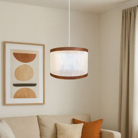 Luminária Pendente Ravel em Palha Indiana e Couro Sintético:branco