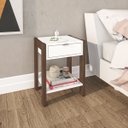 Ver imagem 1 de Mesa de Cabeceira Quarto com 1 Gaveta Prateleira e Tomada: Branco com Nogal