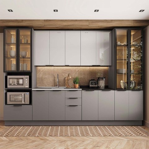 Cozinha Completa Lumina 15 Portas 4 Gavetas com Vidro Cinza/lacca - Telasul
