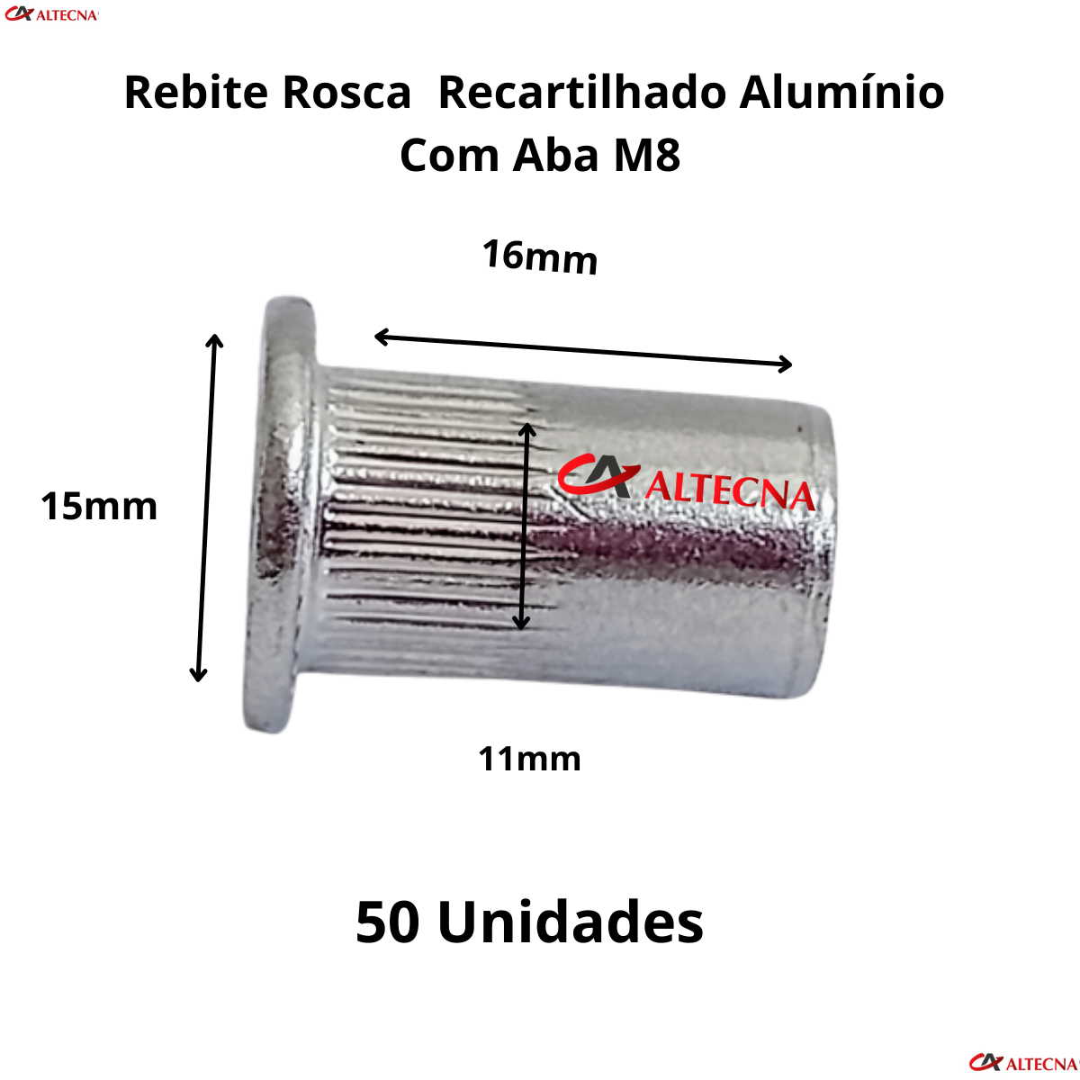 Rebite Rosca Recartilhado Cabeça Plana M8 Alumínio 50Pçs - 4