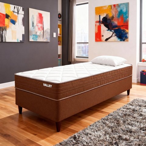 Conjunto Colchão Solteiro Vallery Pkt 10 Eps com Box Spring Luxo Marrom/Branco