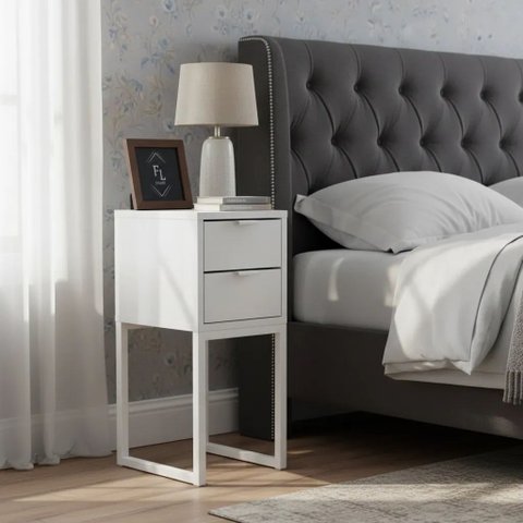 Mesa Cabeceira 25cm com 2 Gavetas MDF Metalon Prata Design Moderno Enviada Montada