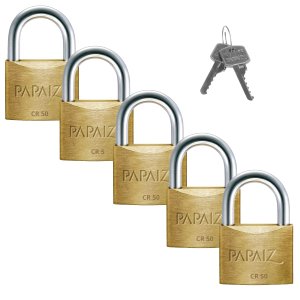 Cadeado Grande 50mm Haste Curta Latão Maciço Dourado com Chave | Papaiz | Kit 05 Un