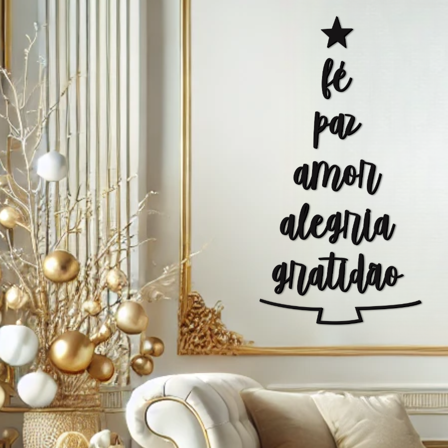 Árvore de Natal em Palavras - Quadro em Madeira Mdf - Apliques de Parede Decoração Lettering - 3