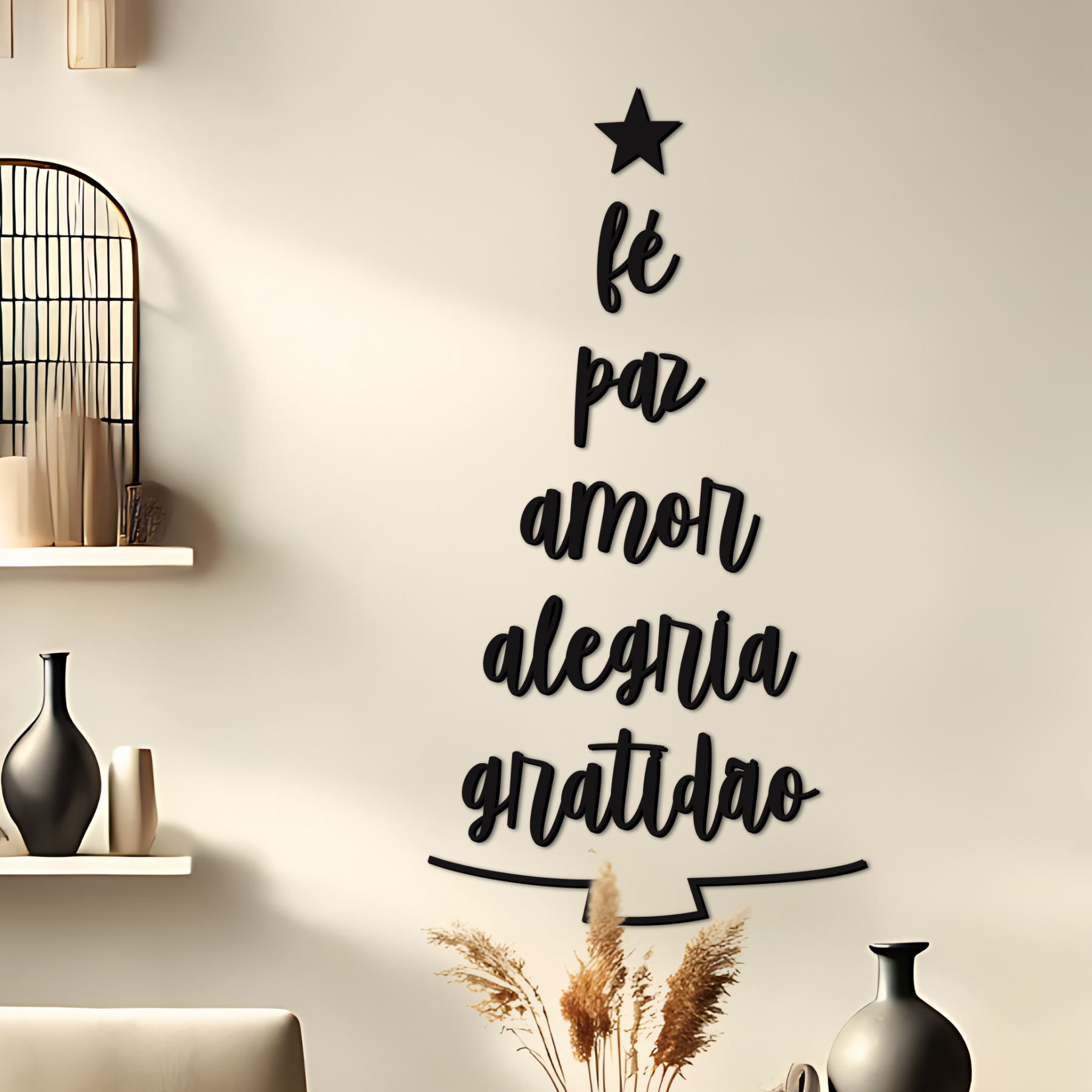 Árvore de Natal em Palavras - Quadro em Madeira Mdf - Apliques de Parede Decoração Lettering