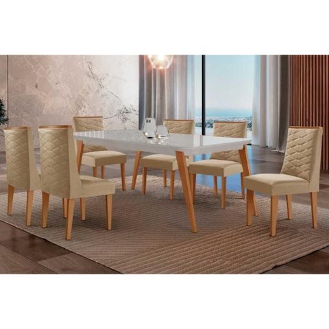 Conjunto: Mesa de Cozinha Havana Curvo 180cm + 6 Cadeiras Dafne Naturale/Off White - Linho Bege -