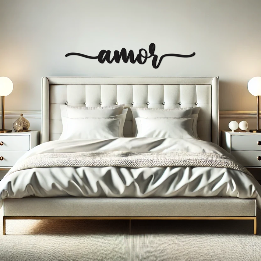 Amor Lettering 43x8cm - Quadro em Madeira Mdf - Apliques de Parede - Decoração para Quarto e Casa