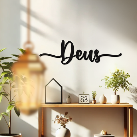 Deus Lettering 43x13cm - Quadro em madeira MDF - Apliques de Parede - Decoração para Quarto e Casa